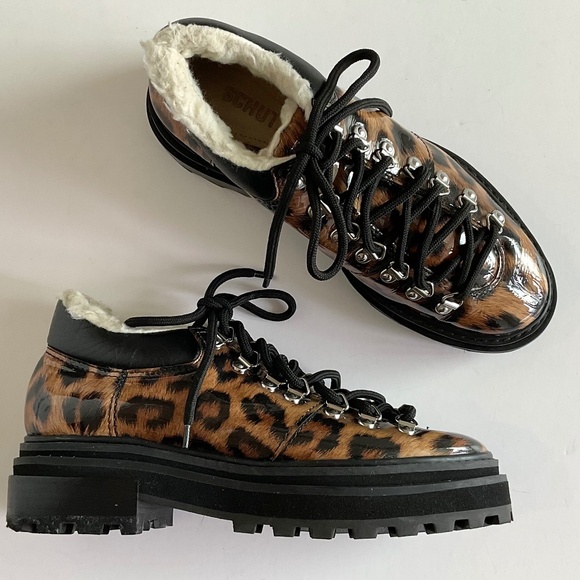 SCHUTZ Lucille Ankle Boots Leopard Print Faux Shearling Lined  Size 7 - Picture 1 of 14